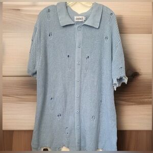 OXKNIT Mens Retro Distressed Knit Button Front Shirt Raw Edges Vntge Sky Blue~2X